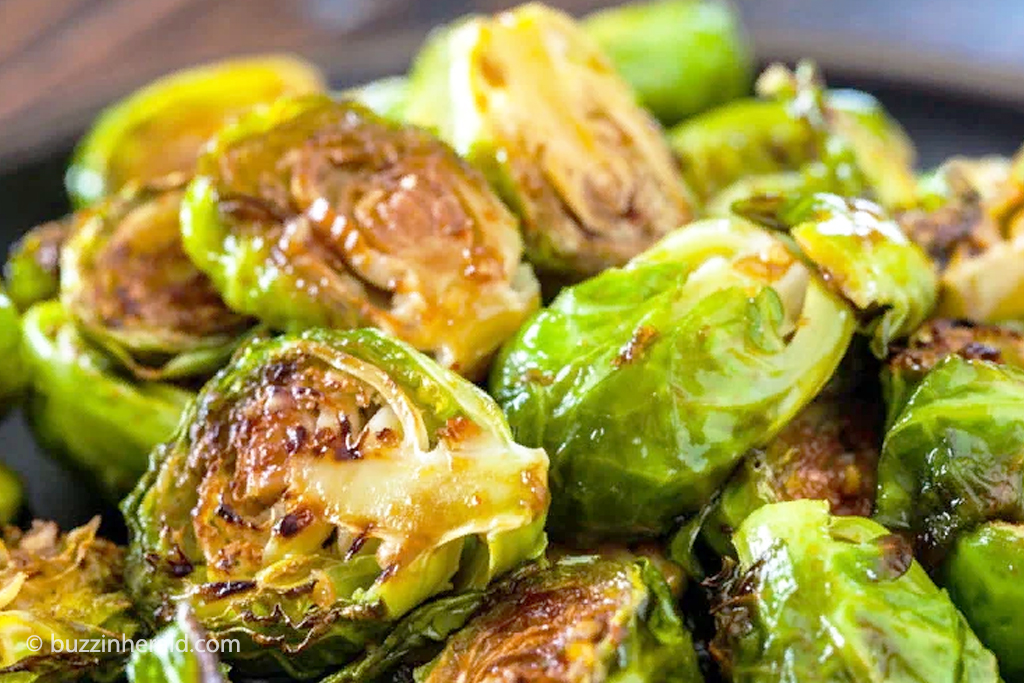 Pan-fried crispy Brussels sprouts with beef and garlic butter
